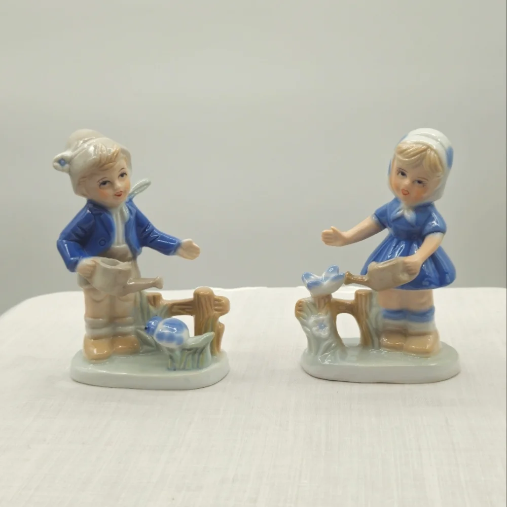 KPM Vintage‎ Boy & Girl Porcelain Figurines with Watering Cans Blue Accen…